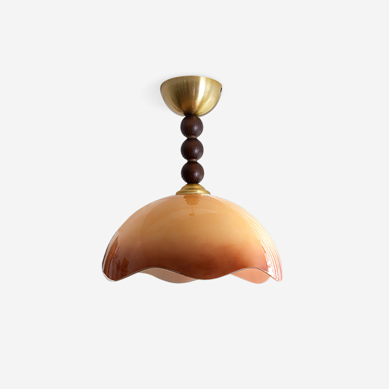 Walnut Finish Vintage Glass Ceiling Light With Amber